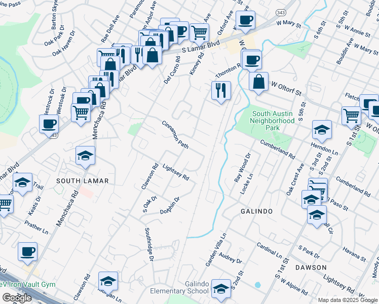 map of restaurants, bars, coffee shops, grocery stores, and more near 1509 Cinnamon Path in Austin