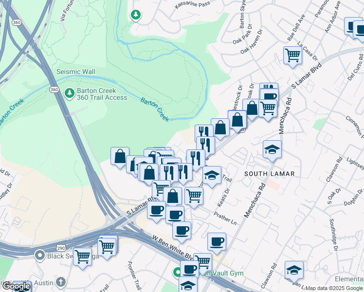 map of restaurants, bars, coffee shops, grocery stores, and more near 3816 South Lamar Boulevard in Austin