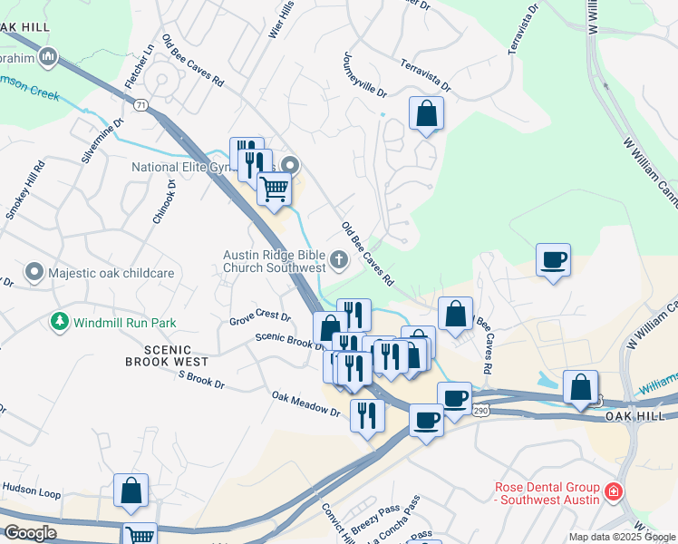 map of restaurants, bars, coffee shops, grocery stores, and more near Texas 71 in Austin