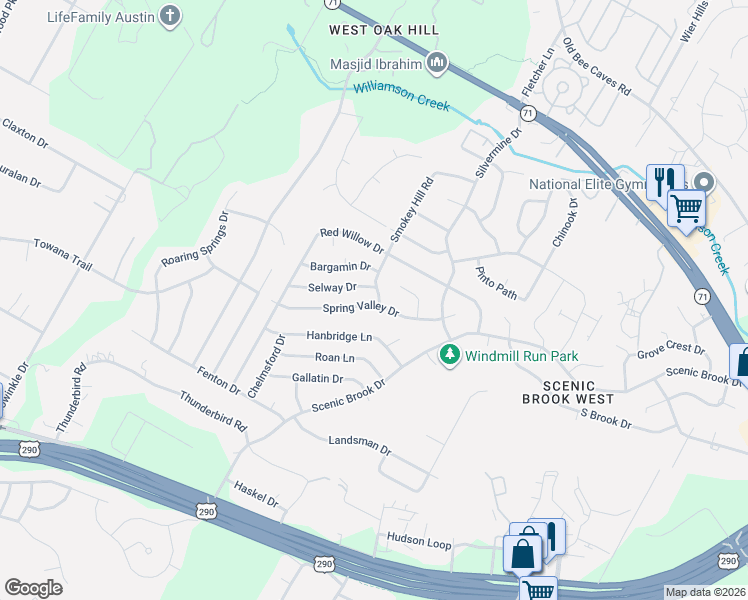 map of restaurants, bars, coffee shops, grocery stores, and more near 7213 Smokey Hill Road in Austin