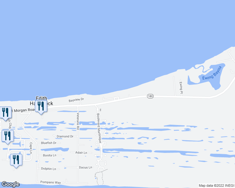 map of restaurants, bars, coffee shops, grocery stores, and more near 9407 Alabama 180 in Gulf Shores