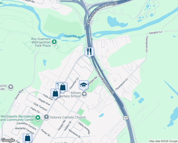 map of restaurants, bars, coffee shops, grocery stores, and more near 6405 Torres Street in Austin