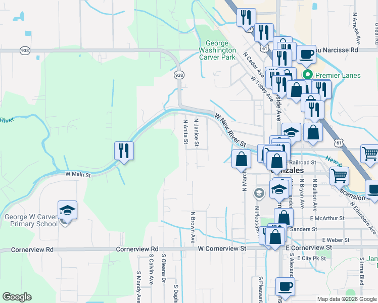map of restaurants, bars, coffee shops, grocery stores, and more near 819 North Anita Avenue in Gonzales