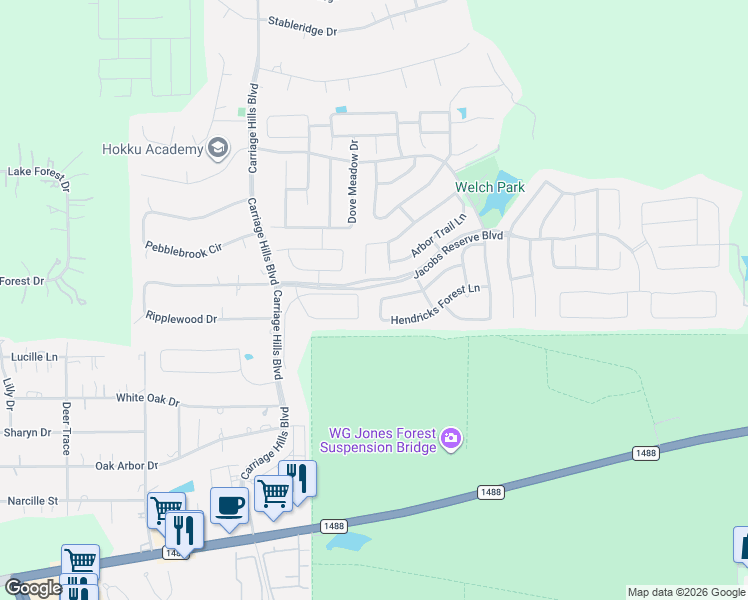 map of restaurants, bars, coffee shops, grocery stores, and more near 403 Woodpecker Forest Lane in Conroe