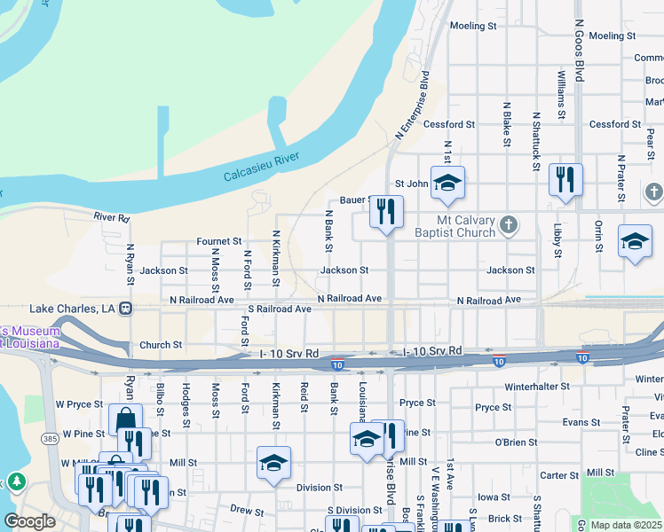 map of restaurants, bars, coffee shops, grocery stores, and more near 202 North Bank Street in Lake Charles