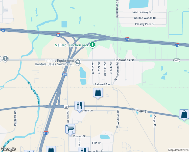 map of restaurants, bars, coffee shops, grocery stores, and more near 124 Avalon St in Lake Charles