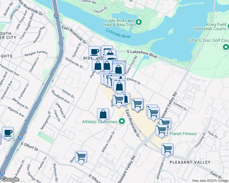 map of restaurants, bars, coffee shops, grocery stores, and more near 2015 East Riverside Drive in Austin