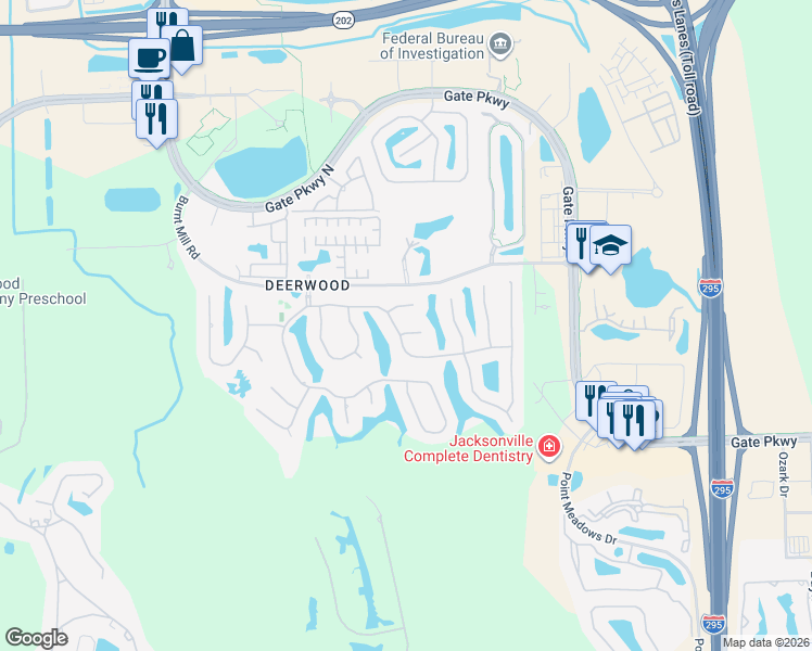 map of restaurants, bars, coffee shops, grocery stores, and more near 11125 Birkdale Ct in Jacksonville