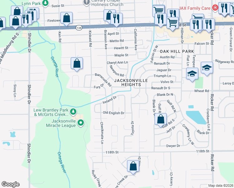map of restaurants, bars, coffee shops, grocery stores, and more near 8209 Ireland Drive in Jacksonville