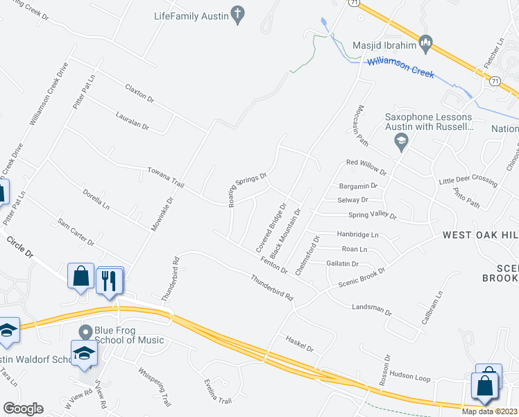 map of restaurants, bars, coffee shops, grocery stores, and more near 7609 Crackling Creek Drive in Austin