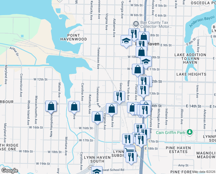 map of restaurants, bars, coffee shops, grocery stores, and more near 1214 Virginia Ave in Lynn Haven