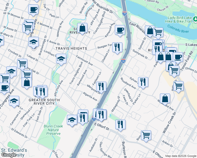 map of restaurants, bars, coffee shops, grocery stores, and more near 1903 Fairlawn Lane in Austin