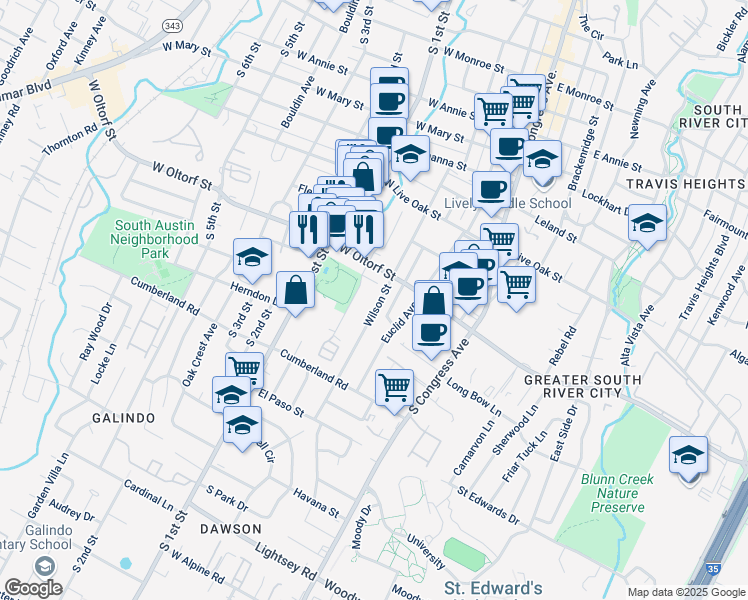map of restaurants, bars, coffee shops, grocery stores, and more near 2414 Wilson Street in Austin
