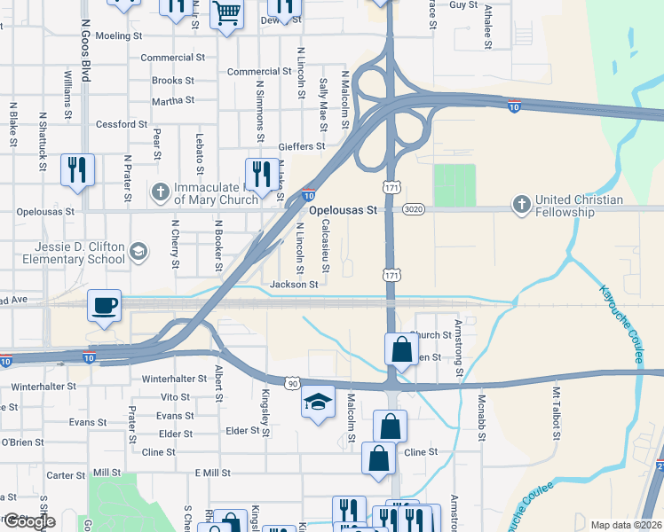 map of restaurants, bars, coffee shops, grocery stores, and more near 200 Calcasieu St in Lake Charles