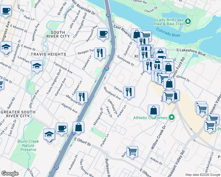 map of restaurants, bars, coffee shops, grocery stores, and more near 1700 Woodland Avenue in Austin