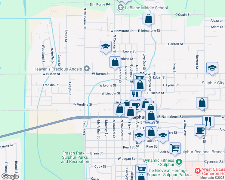 map of restaurants, bars, coffee shops, grocery stores, and more near 307 N Crocker St in Sulphur