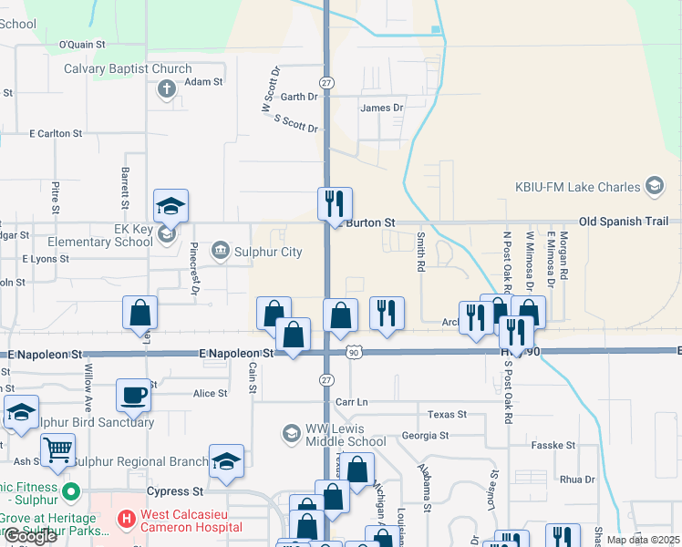 map of restaurants, bars, coffee shops, grocery stores, and more near 300 N Beglis Pkwy in Sulphur