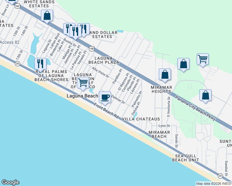 map of restaurants, bars, coffee shops, grocery stores, and more near 206 Paridiso Place in Panama City Beach