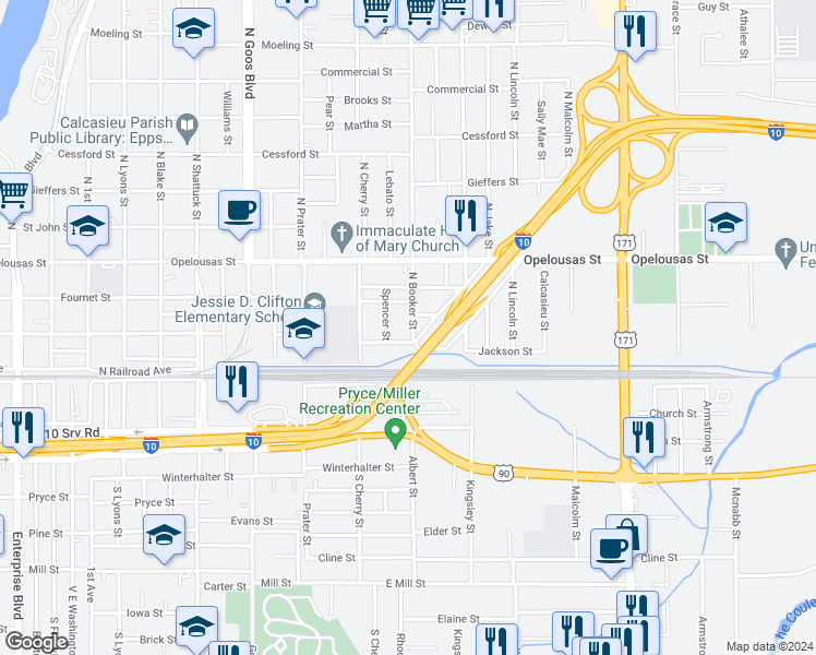 map of restaurants, bars, coffee shops, grocery stores, and more near 121 North Booker Street in Lake Charles