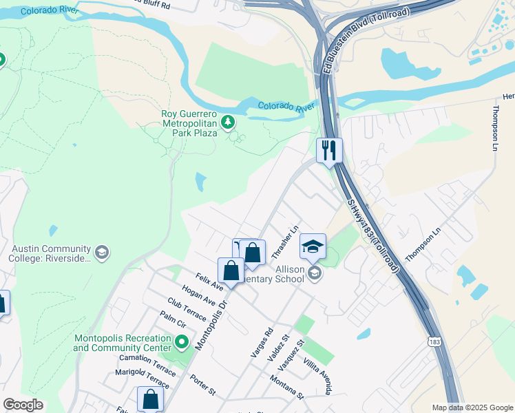 map of restaurants, bars, coffee shops, grocery stores, and more near 511 Kemp Street in Austin
