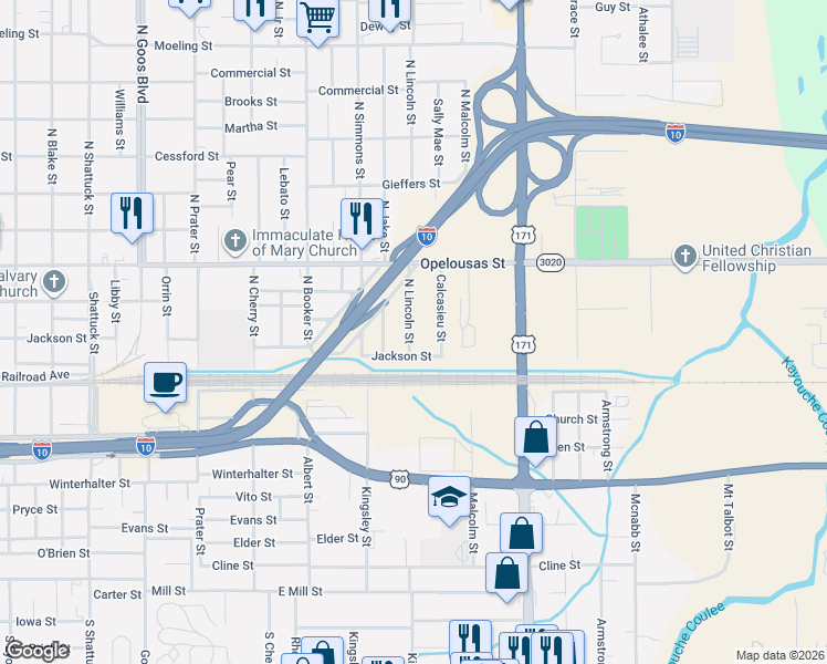 map of restaurants, bars, coffee shops, grocery stores, and more near 108 North Lincoln Street in Lake Charles