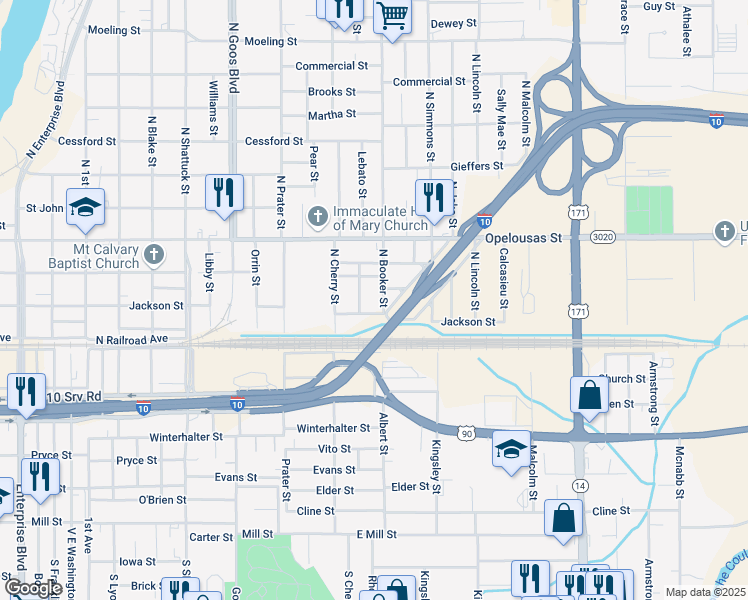 map of restaurants, bars, coffee shops, grocery stores, and more near 121 North Booker Street in Lake Charles