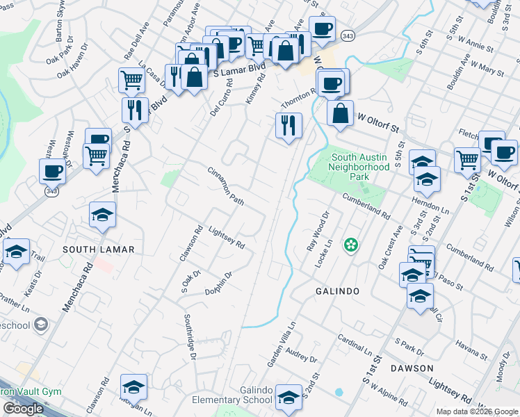 map of restaurants, bars, coffee shops, grocery stores, and more near 1404A Cinnamon Path in Austin