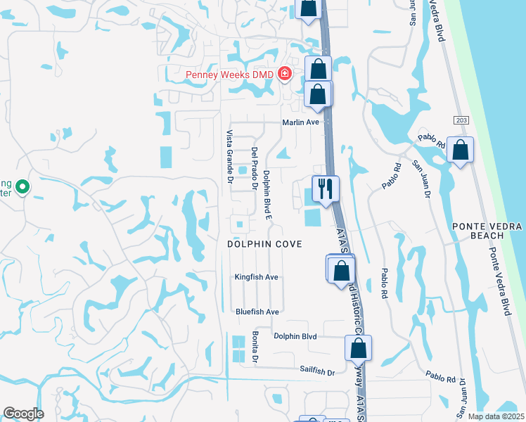 map of restaurants, bars, coffee shops, grocery stores, and more near 85 Dolphin Boulevard East in Ponte Vedra Beach
