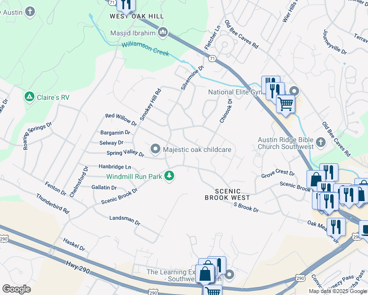 map of restaurants, bars, coffee shops, grocery stores, and more near 8100 Red Willow Drive in Austin