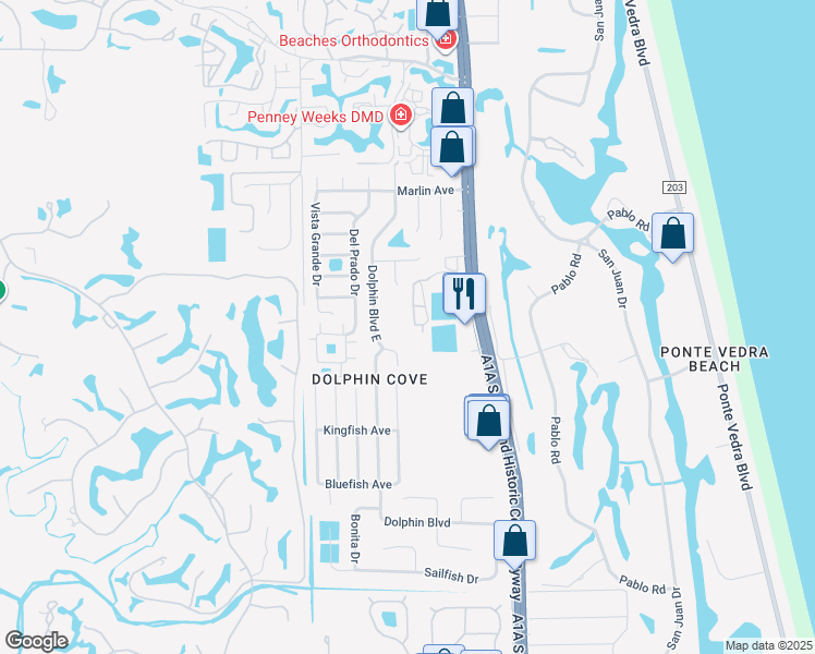 map of restaurants, bars, coffee shops, grocery stores, and more near in Ponte Vedra Beach