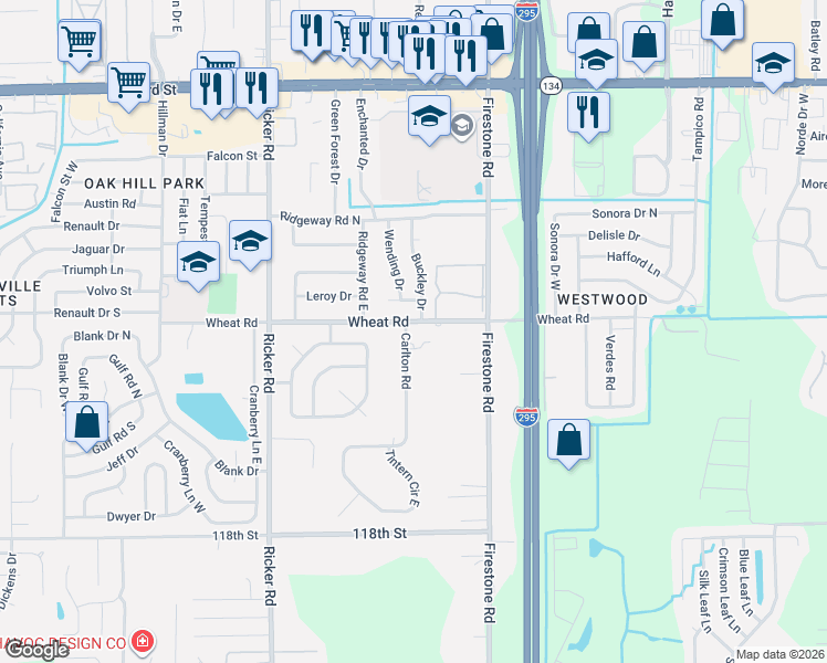 map of restaurants, bars, coffee shops, grocery stores, and more near 6008 Carlton Road in Jacksonville