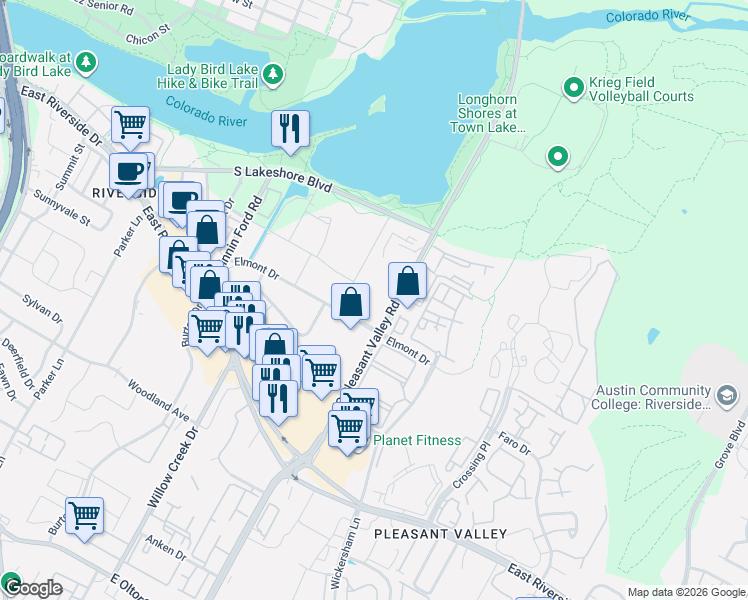 map of restaurants, bars, coffee shops, grocery stores, and more near 2510 Elmont Drive in Austin