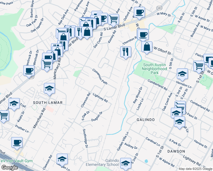 map of restaurants, bars, coffee shops, grocery stores, and more near 1509 Cinnamon Path in Austin