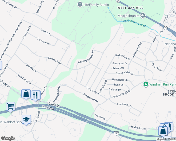 map of restaurants, bars, coffee shops, grocery stores, and more near 7609 Crackling Creek Drive in Austin