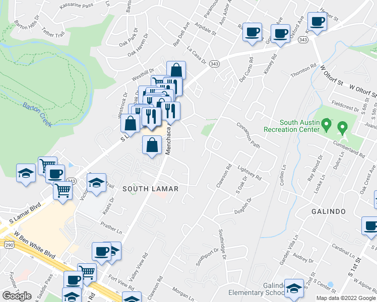 map of restaurants, bars, coffee shops, grocery stores, and more near 3107 Glen Ora Street in Austin