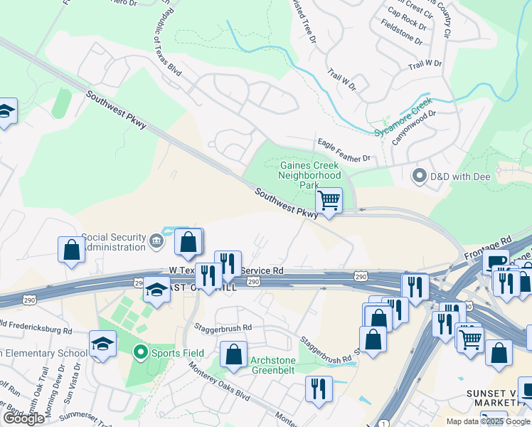 map of restaurants, bars, coffee shops, grocery stores, and more near 5604 Southwest Pkwy # 3133 in Austin