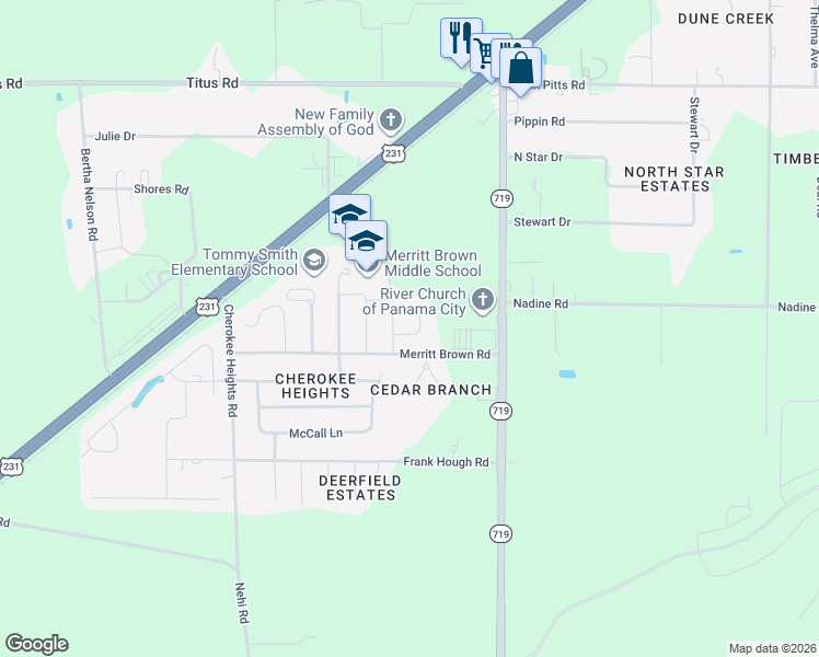 map of restaurants, bars, coffee shops, grocery stores, and more near 5042 Maggie Lane in Panama City