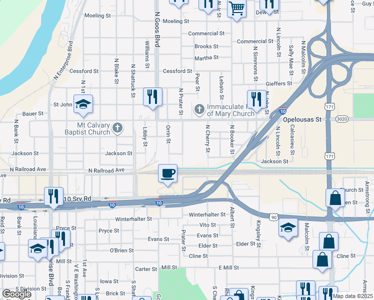 map of restaurants, bars, coffee shops, grocery stores, and more near 100 North Prater Street in Lake Charles