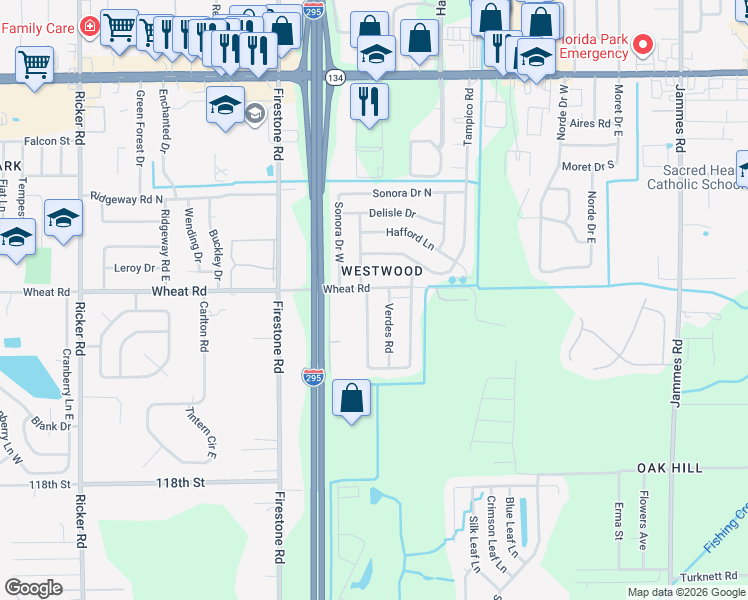 map of restaurants, bars, coffee shops, grocery stores, and more near 6021 George Wood Lane East in Jacksonville