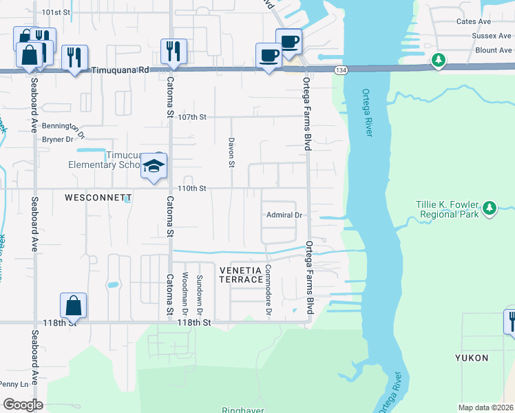 map of restaurants, bars, coffee shops, grocery stores, and more near 6034 Commodore Drive in Jacksonville