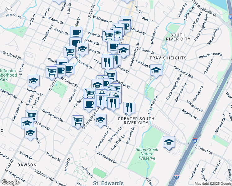 map of restaurants, bars, coffee shops, grocery stores, and more near 2215 Post Road in Austin