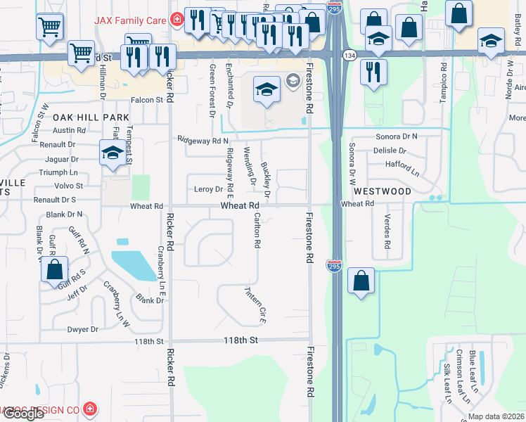 map of restaurants, bars, coffee shops, grocery stores, and more near 6008 Carlton Road in Jacksonville