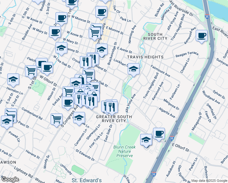 map of restaurants, bars, coffee shops, grocery stores, and more near 513 East Live Oak Street in Austin