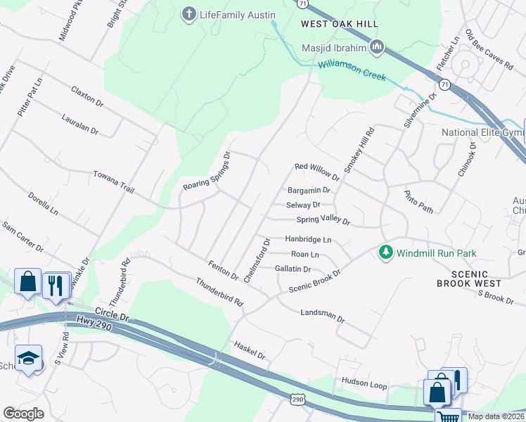 map of restaurants, bars, coffee shops, grocery stores, and more near 8538 Red Willow Drive in Austin