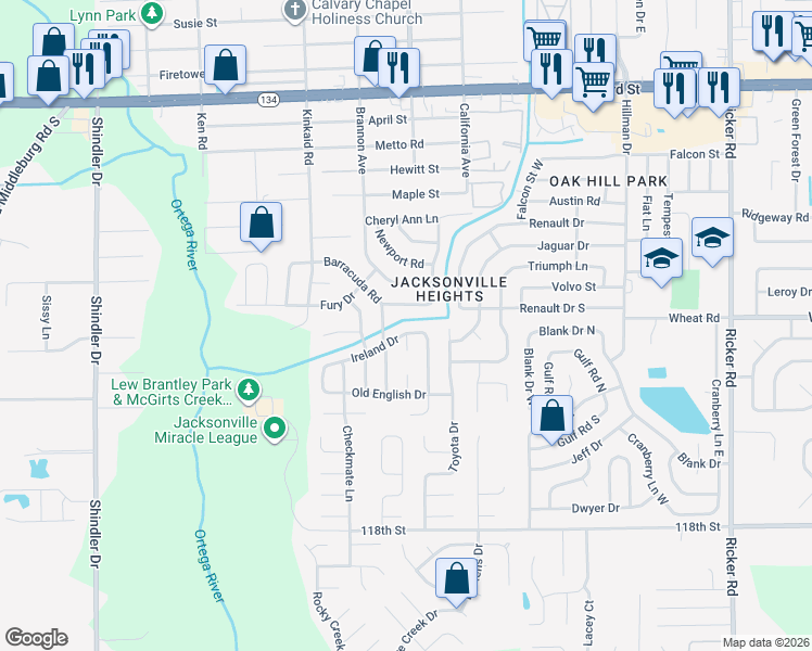 map of restaurants, bars, coffee shops, grocery stores, and more near 8209 Ireland Drive in Jacksonville