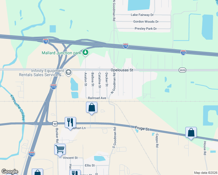 map of restaurants, bars, coffee shops, grocery stores, and more near 208 Decker St in Lake Charles