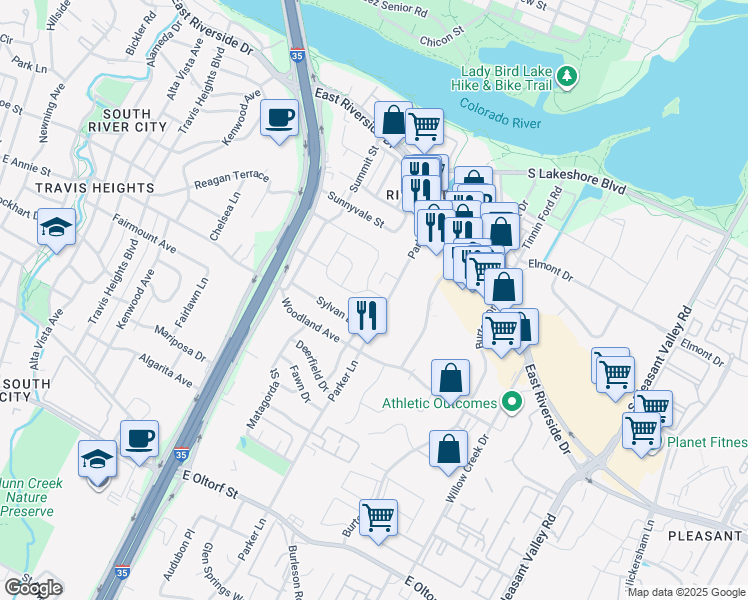 map of restaurants, bars, coffee shops, grocery stores, and more near 1715 Taylor Gaines Street in Austin