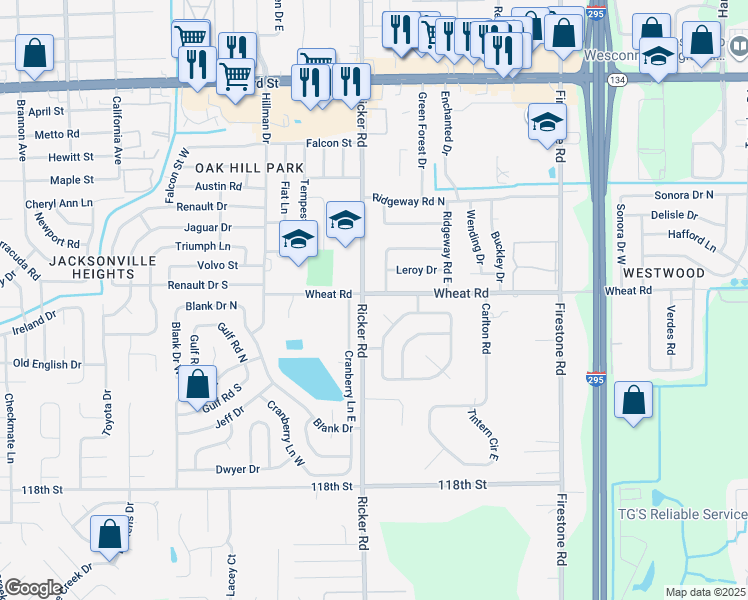 map of restaurants, bars, coffee shops, grocery stores, and more near 7572 Wheat Road in Jacksonville