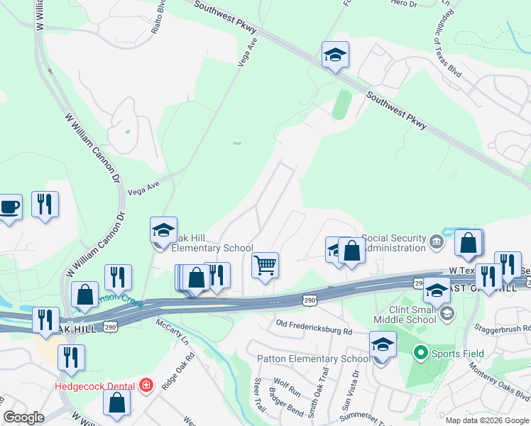 map of restaurants, bars, coffee shops, grocery stores, and more near 5910 Oakclaire Drive in Austin