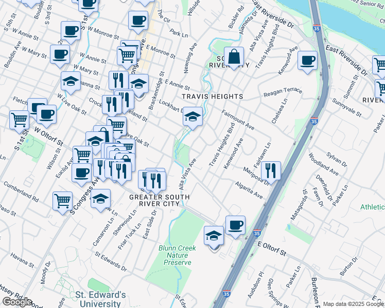 map of restaurants, bars, coffee shops, grocery stores, and more near 2103 Alameda Drive in Austin